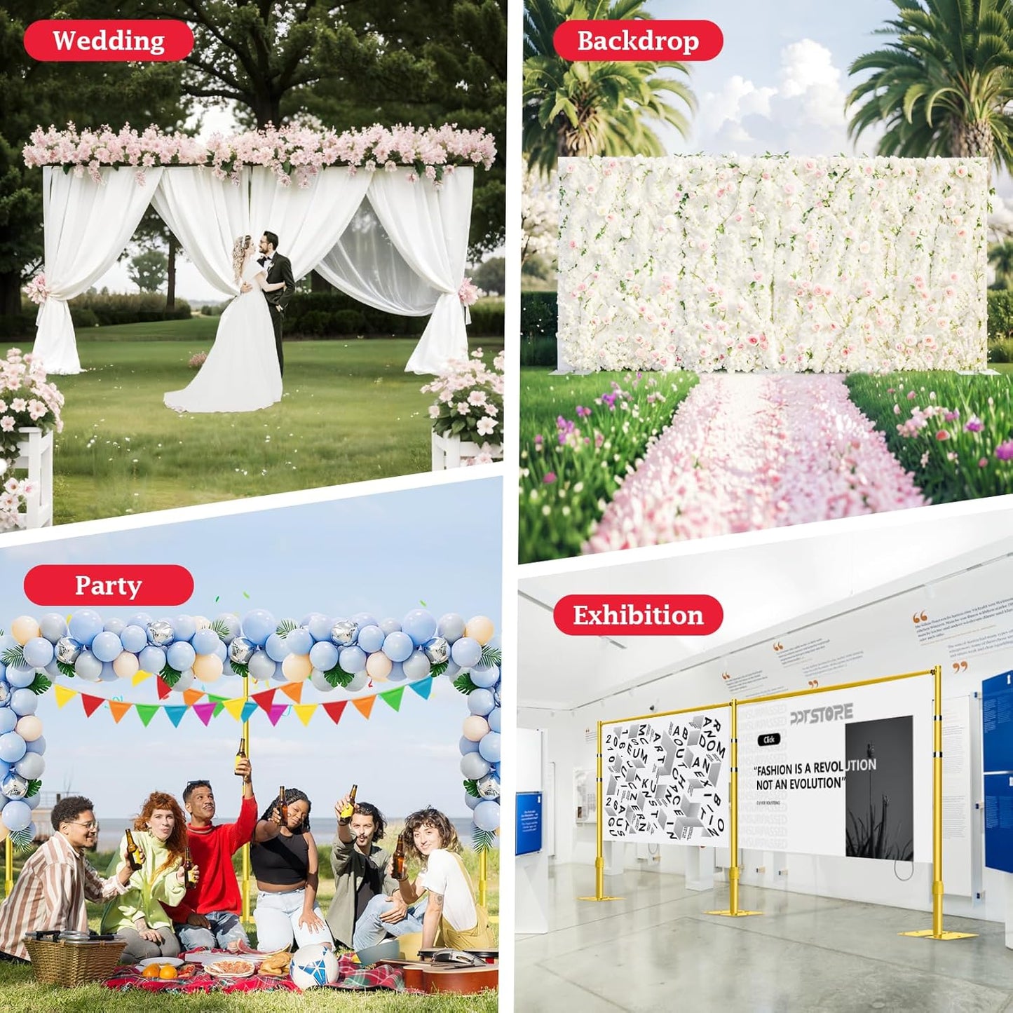 EMART Backdrop Stand Heavy Duty 8.9ftx20ft, Adjustable Pipe and Drape Photo Background Support Kit, Metal Frame with Flat Base for Wedding Birthday Party Banquet Decorations-Gold