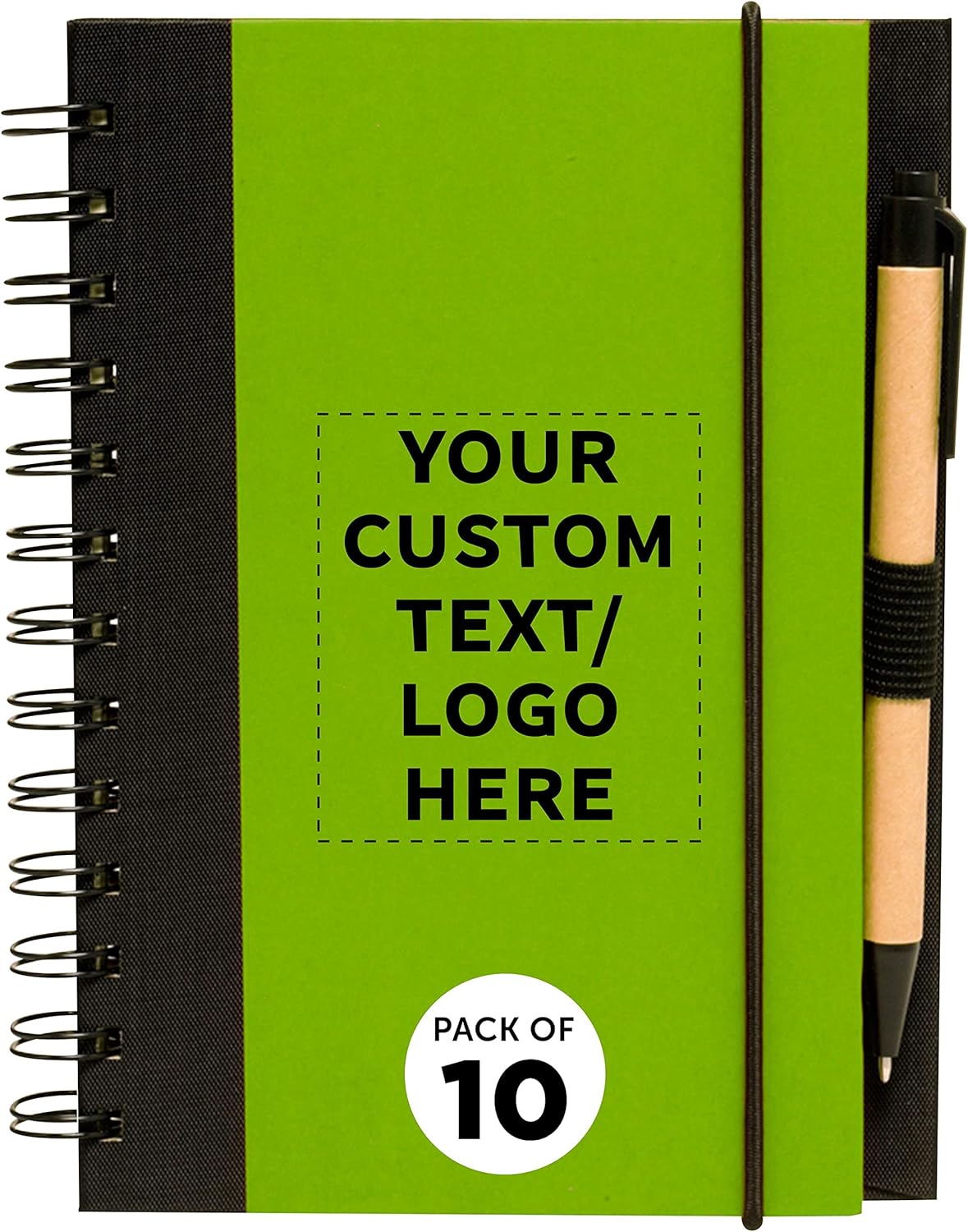 DISCOUNT PROMOS Custom Eco Block Notebooks with Pens Set of 10, Personalized Bulk Pack - Perfect for School, Office, Business, Home - Lime Green
