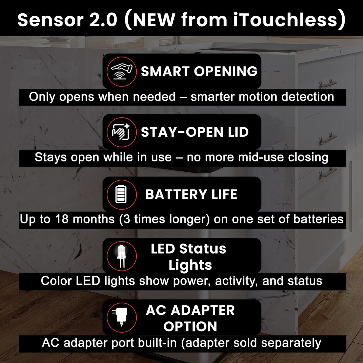 iTouchless 13 Gallon Sensor Trash Can 2.0 – Touchless Lid, Dog-Proof Lock, Odor Filter, Stainless Steel, Battery or Plug-in, for Kitchen, Home, or Office