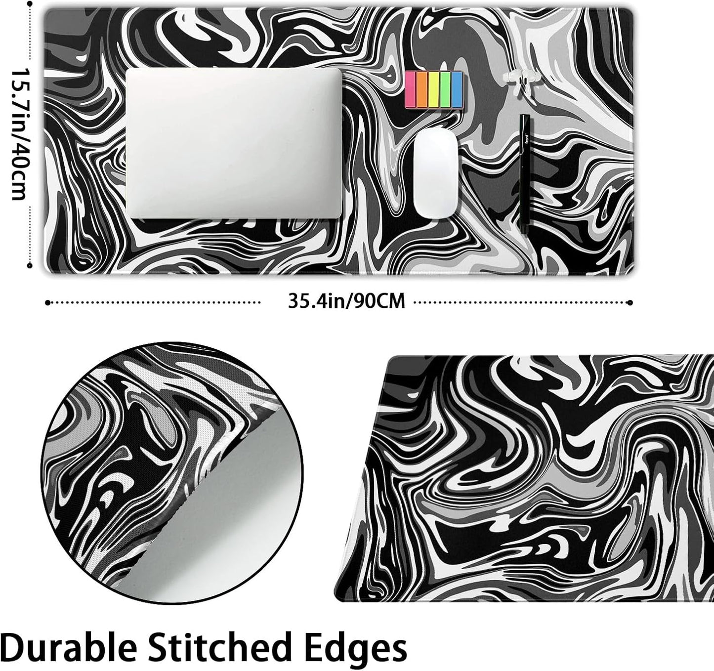 Black White Swirl Gaming Mouse Pad XXL Gray Marble Grey Fluid Design Extended Large Mouse Pad Big Desk Mat Non-Slip Rubber Base Stitched Edge Long Mousepad for Desktop Office Desk, 35.4 x 15.7 in