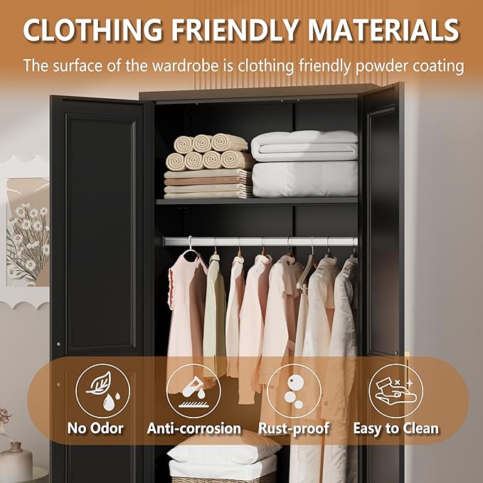 Metal Armoire Wardrobe Closet with Hanging Rod, 71" Tall Wardrobe Cabinet for Clothes, Black Clothing Storage Cabinet with Doors and Shelves, Large Wardrobes for Bedroom-Assemble Required