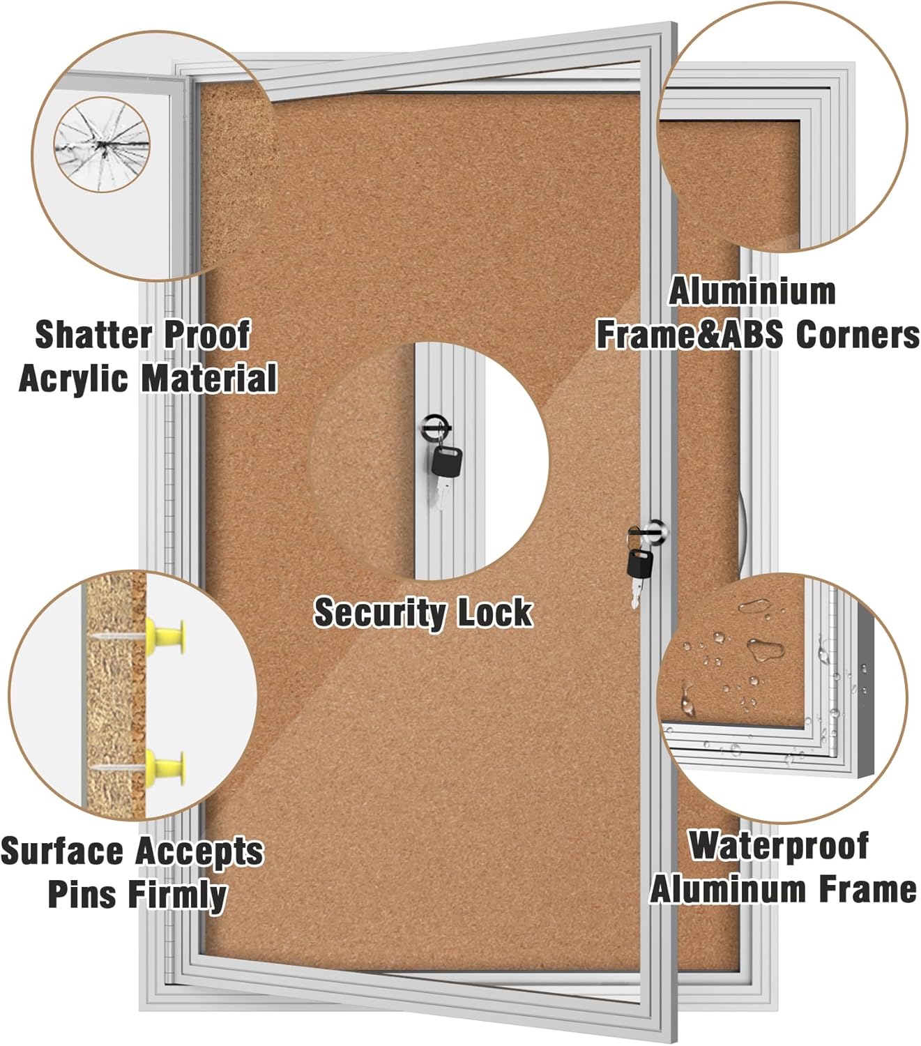 36"x24" Enclosed Bulletin Board, Outdoor Lockable Weather-Resistant Aluminum Cork Noticeboard for School & Office, Silver Frame w/Cork
