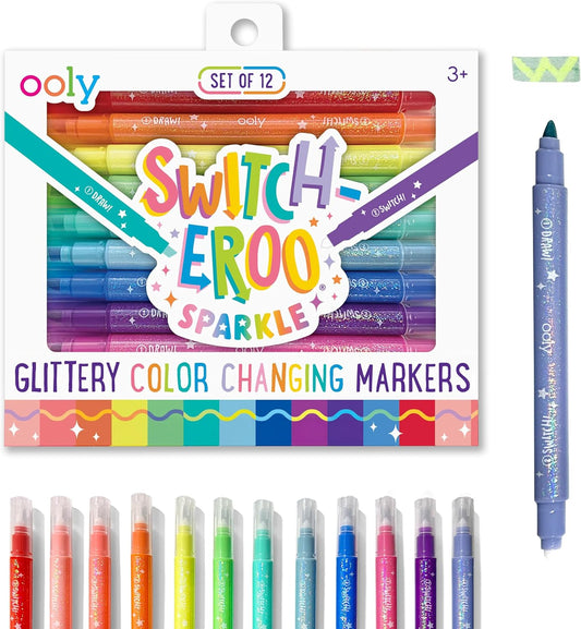 Ooly 12 Pack Sparkle Switch-eroo Color Changing Markers, Double Ended Chisel Tip Color Change Markers for Art Back to School Supplies, Drawing and Stationery Sets