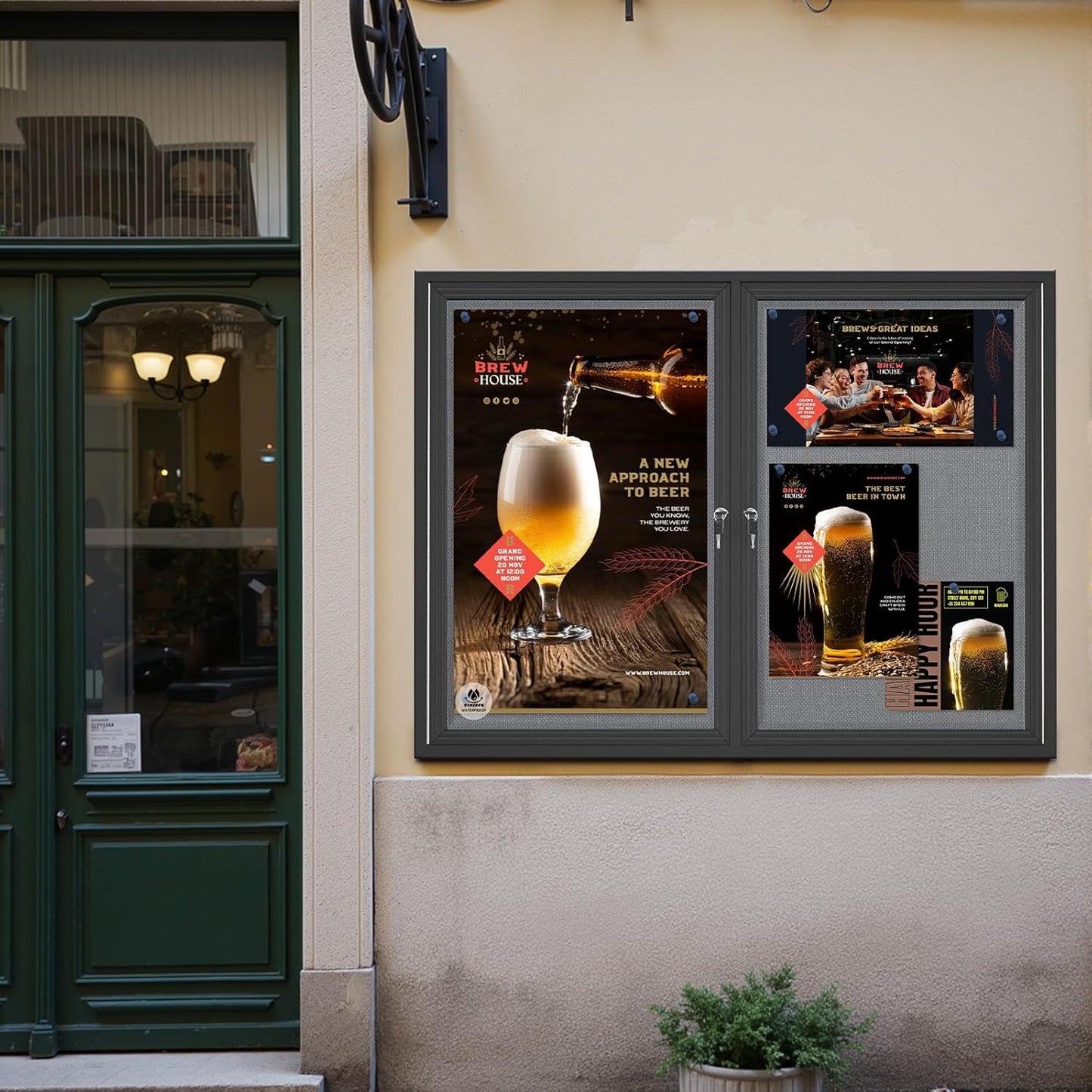 Weatherproof Enclosed Bulletin Board 44x32 Inch, Lockable Wall-Mounted Outdoor Grey Felt Noticeboard, Aluminum Frame Weather-Resistant Display Case for Office, School, Community