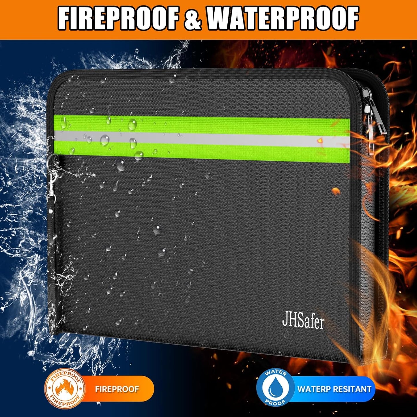 6400℉ Fireproof Document Bag,15” X 11” Waterproof Fireproof Money Bag with Zipper,12 Layers Insulated Fireproof Safe Bag with Reflective Strip for Documents,Passports,Cash,Valuables