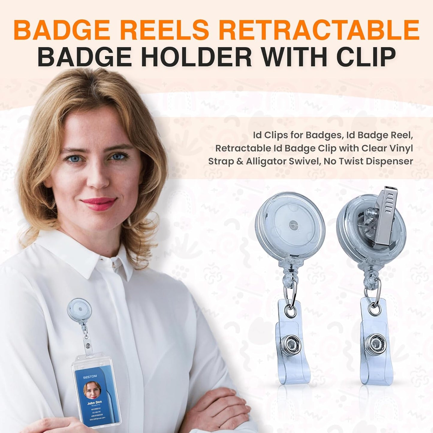 100 Pack Badge Reels Retractable Badge Holder with Clip, Id Clips for Badges, Id Badge Reel, Retractable Id Badge Clip with Clear Vinyl Strap & Alligator Swivel, No Twist Dispenser (Clear)