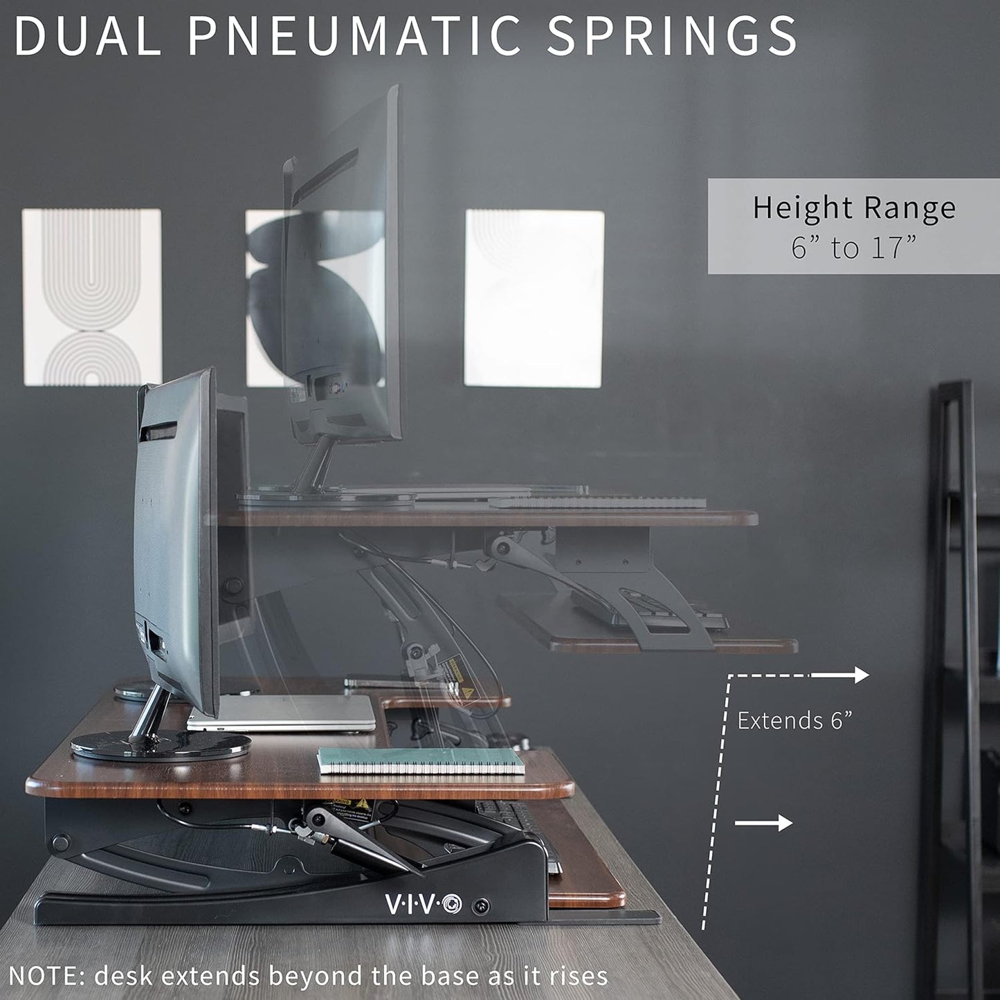 VIVO 42 inch Height Adjustable Stand Up Desk Converter, V Series, Quick Sit to Stand Tabletop Dual Monitor Riser Workstation, Dark Walnut Top, Black Frame, DESK-V000VLD