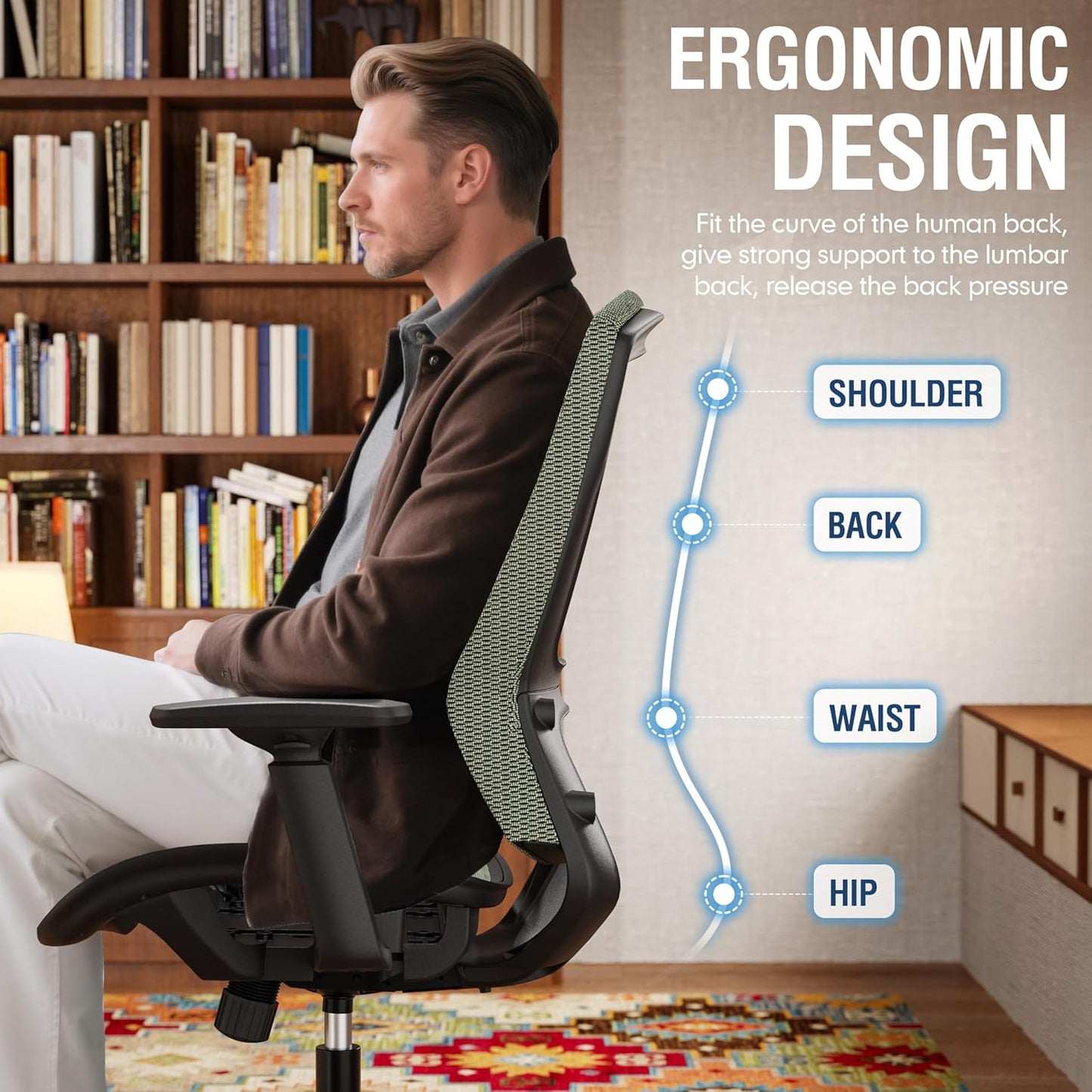 ELABEST T96 Mesh Office Chair,Ergonomic Computer Desk Chair,Sturdy Task Chair- Adjustable Lumbar Support & Armrests,Tilt Function,Comfort Wide Seat,Swivel Home Office Chair