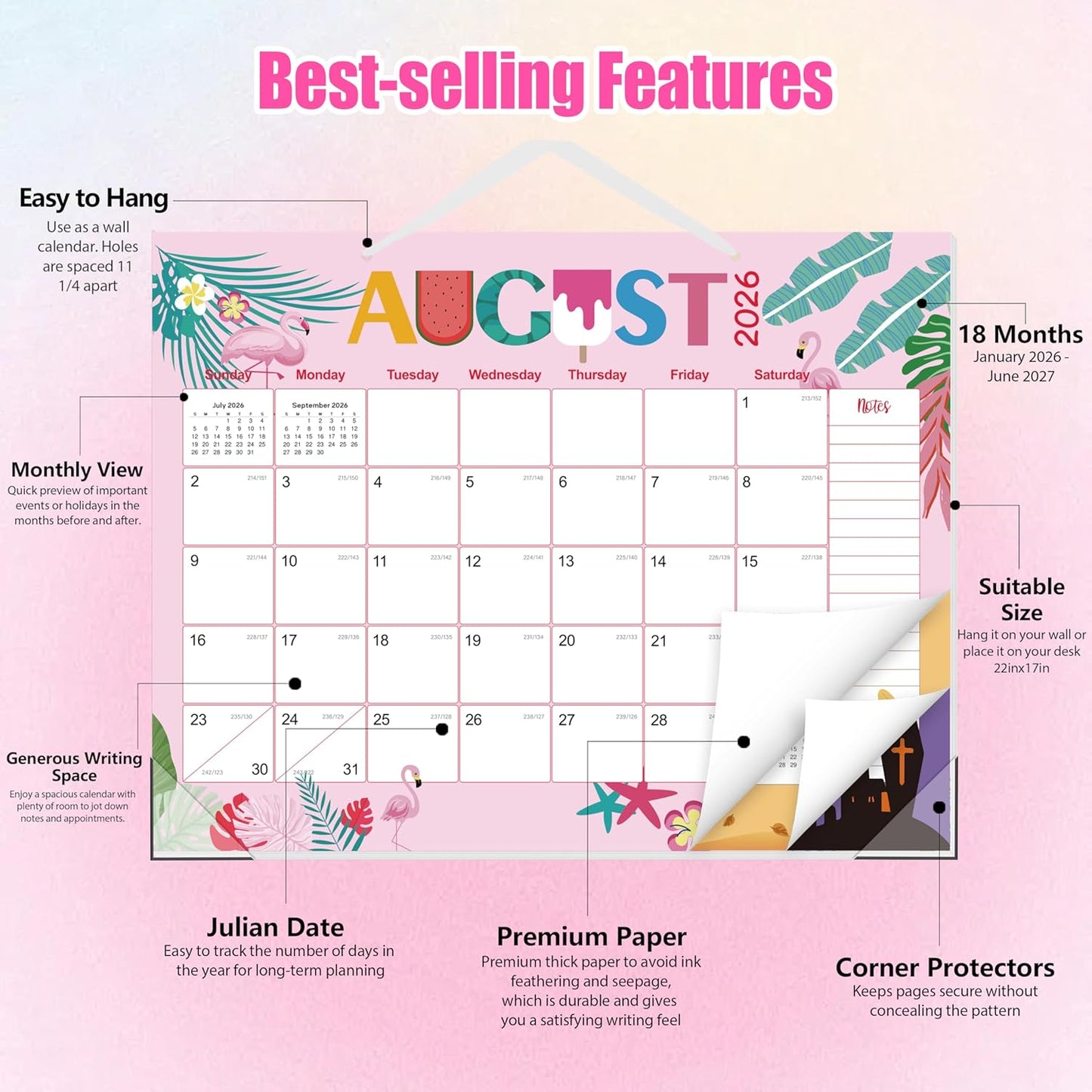 GuassLee Desk Calendar 2026-2027 Large 22" x 17" Desktop/Wall Monthly Calendar 18-Month School Year Planner Covers January 2026 to June 2027 with Julian Date&Notes for Easy Organizing