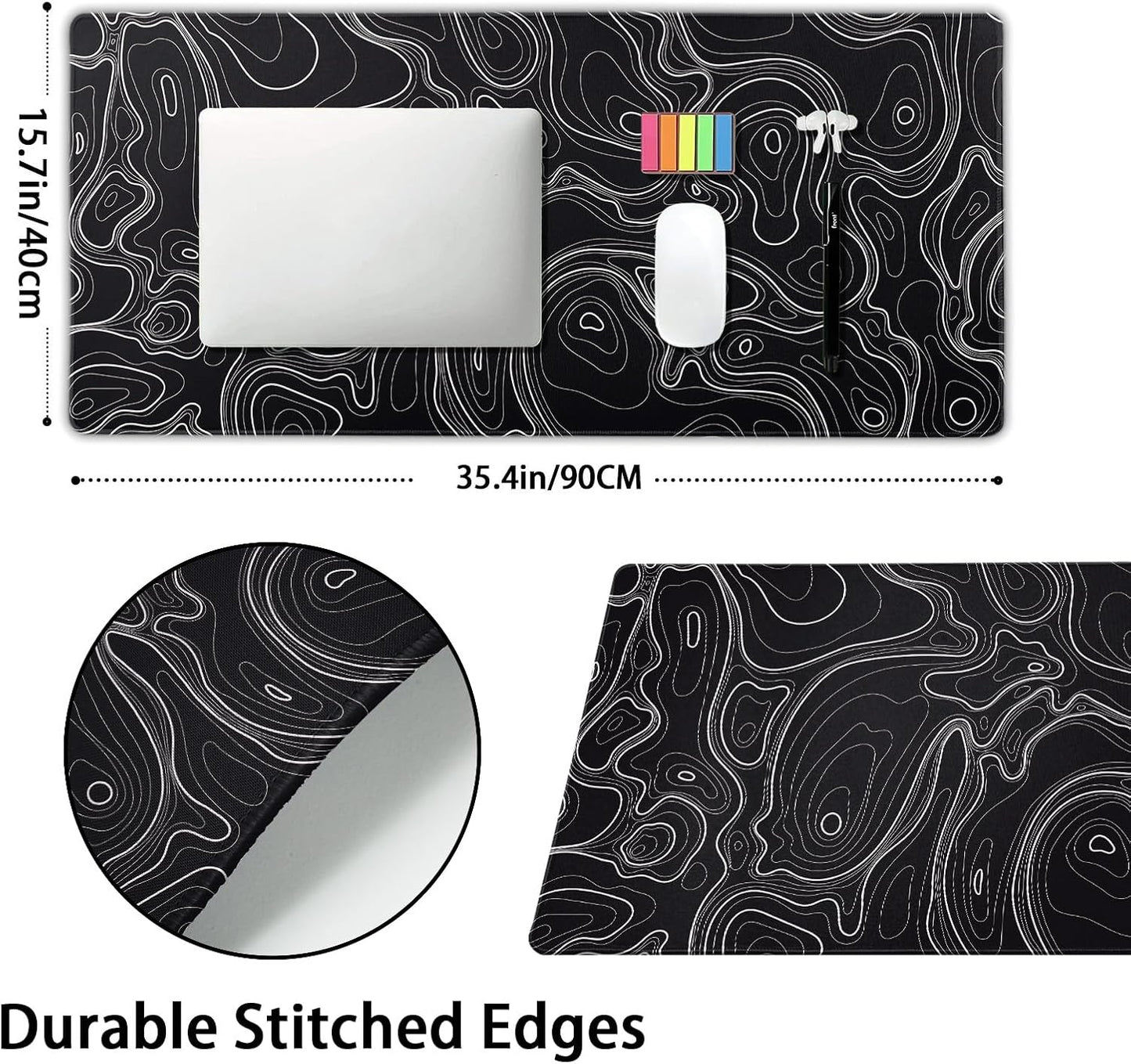 Topographic Map Black Gaming Mouse Pad XXL Minimalist Topo Geographic White Lines Extended Large Mousepad Desk Pad Non-Slip Rubber Base Stitched Edge Keyboard Pad Playmat for Computer,35.4×15.7 in