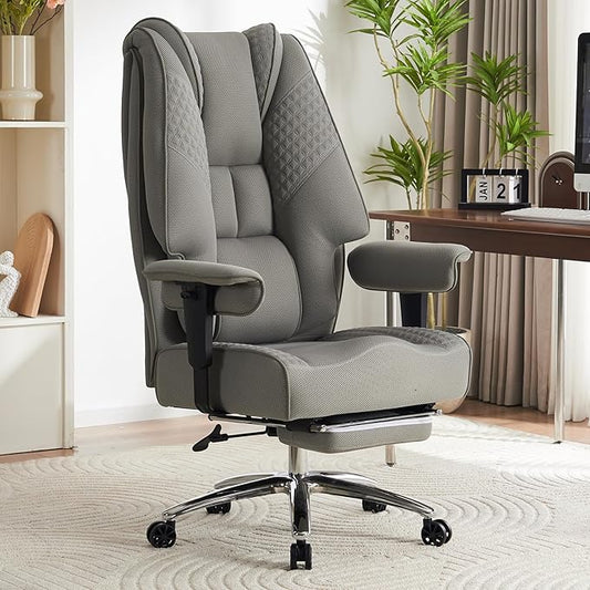 Big and Tall Office Chair 400lbs Wide Seat, Leather High Back Executive Office Chair with Foot Rest, Ergonomic Chairs Lumbar Support for Lower Back Pain Relief (Mesh Light Grey)