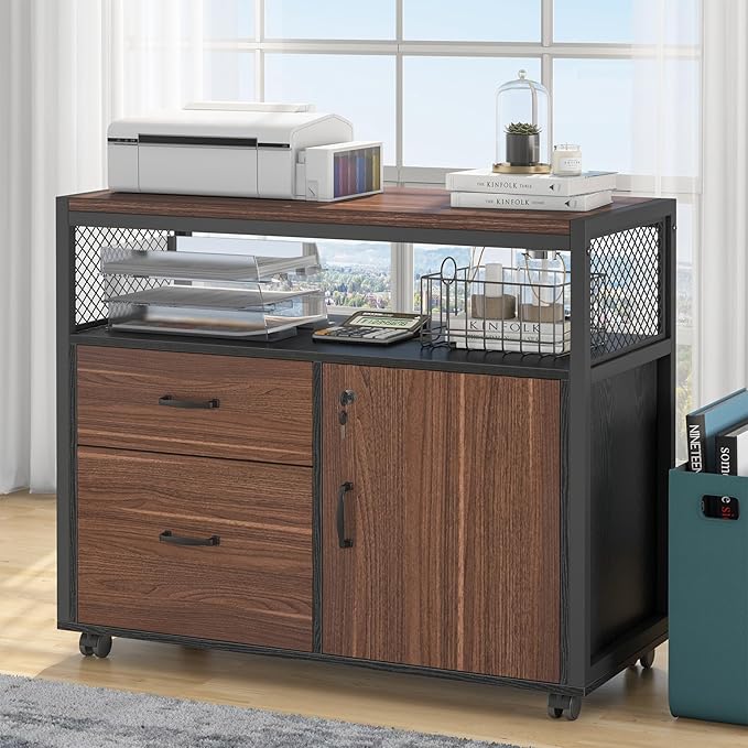 Tribesigns Modern File Cabinet with Drawers for Letter-Sized File and Door, Lockable lateral Filing Cabinet Printer Stand with Storage Shelves and with Rolling Caster for Home Office (Dark Walnut)