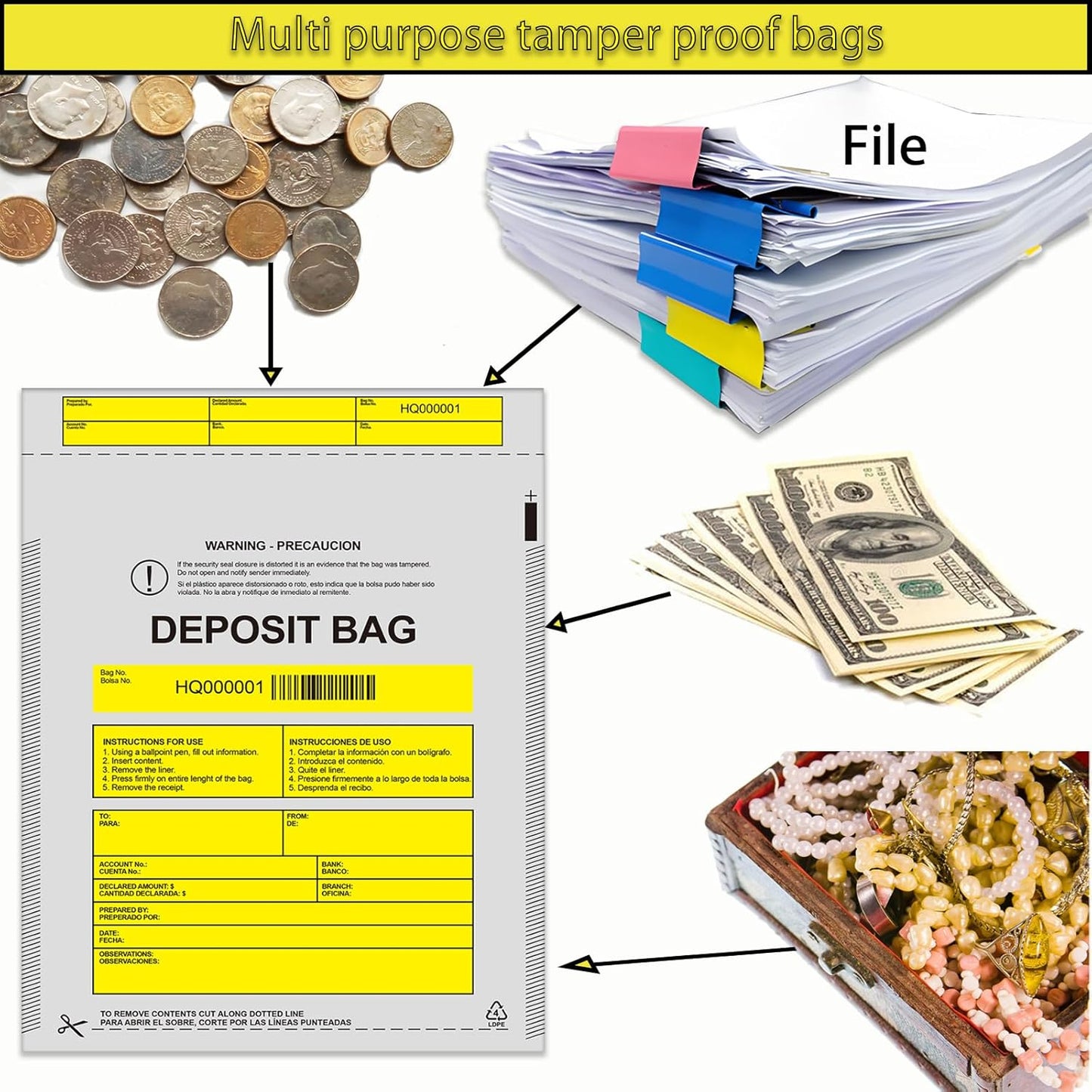 Opaque Bank Deposit Bags, 100pcs 9x12in Tamper Proof Bag, Cash Handling, Transportation, Transfer, Valuables, Secure Bank Pocket with Independent Barcode, Self Sealing Glue, Tamper Proof