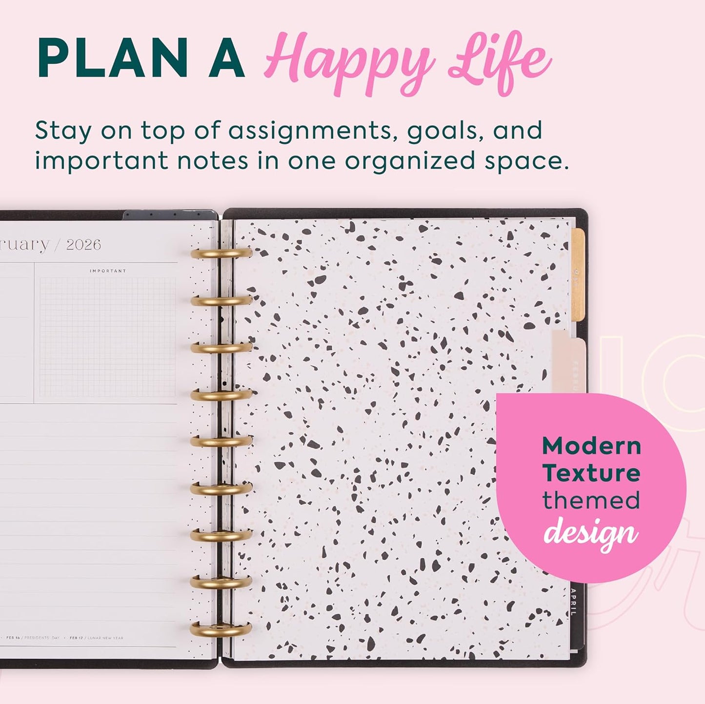Happy Planner Disc-Bound Planner Jan.–Dec. 2026, Includes 3 Extra Months and 2 Sticker Sheets, Classic Size, 7" x 9.25", Dashboard Layout, Modern Texture