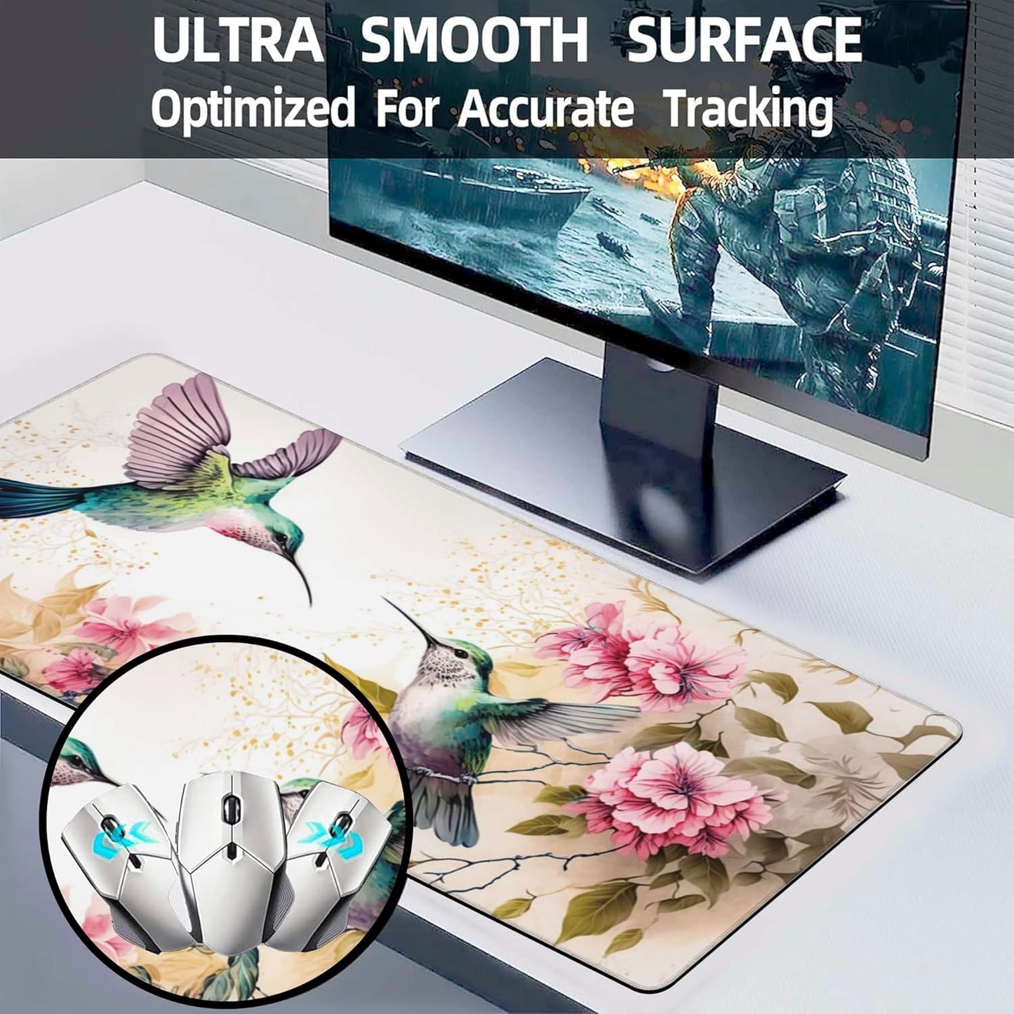 Desk Mat, Pink Flowers and Colibri Birds Extended Large Gaming Mouse Pad for Desk XXL, Non-Slip Rubber Base Stitched Edges Long Computer Keyboard Desk Pad Mouse Mat for Home Office Gaming 35.4"X15.7"
