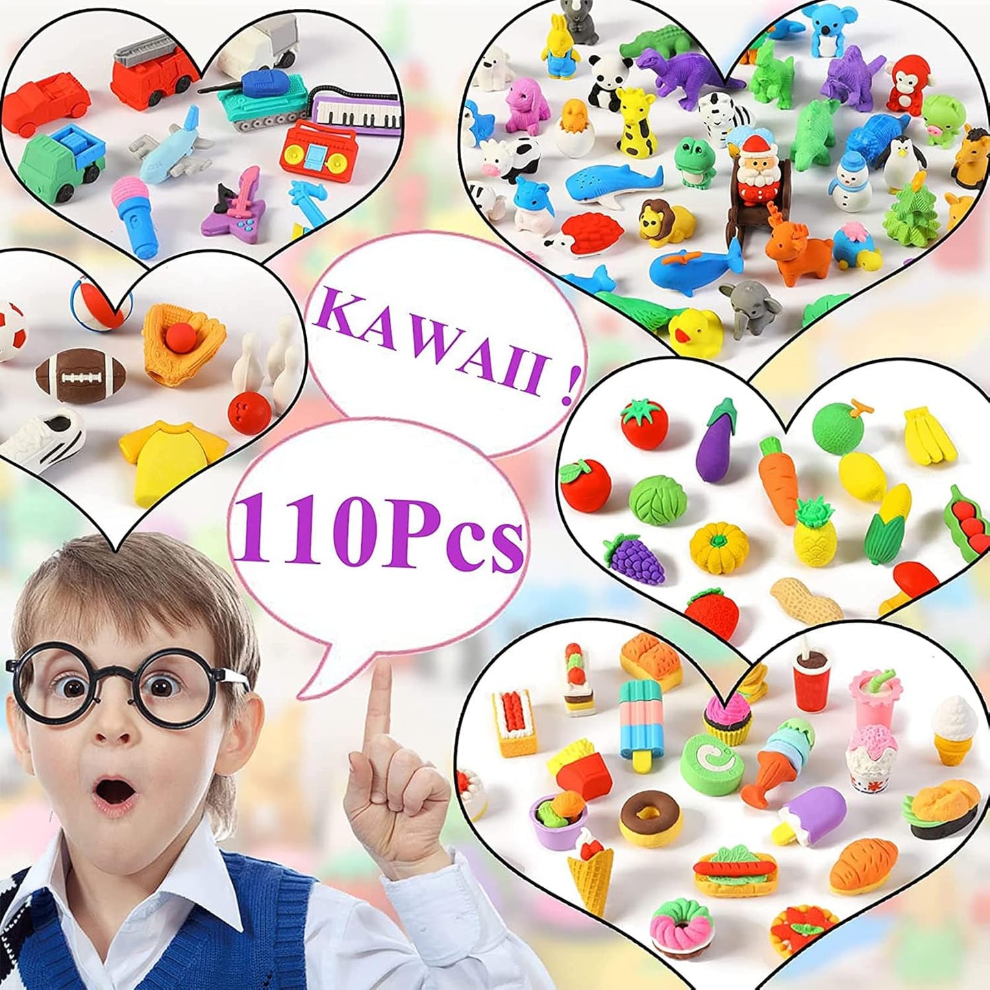 Zkptops 110pcs Animal Eraser Kids Animal Pencil Erasers Desk Pets Puzzle Erasers Bulk Mini Eraser Prize Toys Gift for Classroom Rewards, Treasure Box, Student Game Prizes, Easter Egg Fillers
