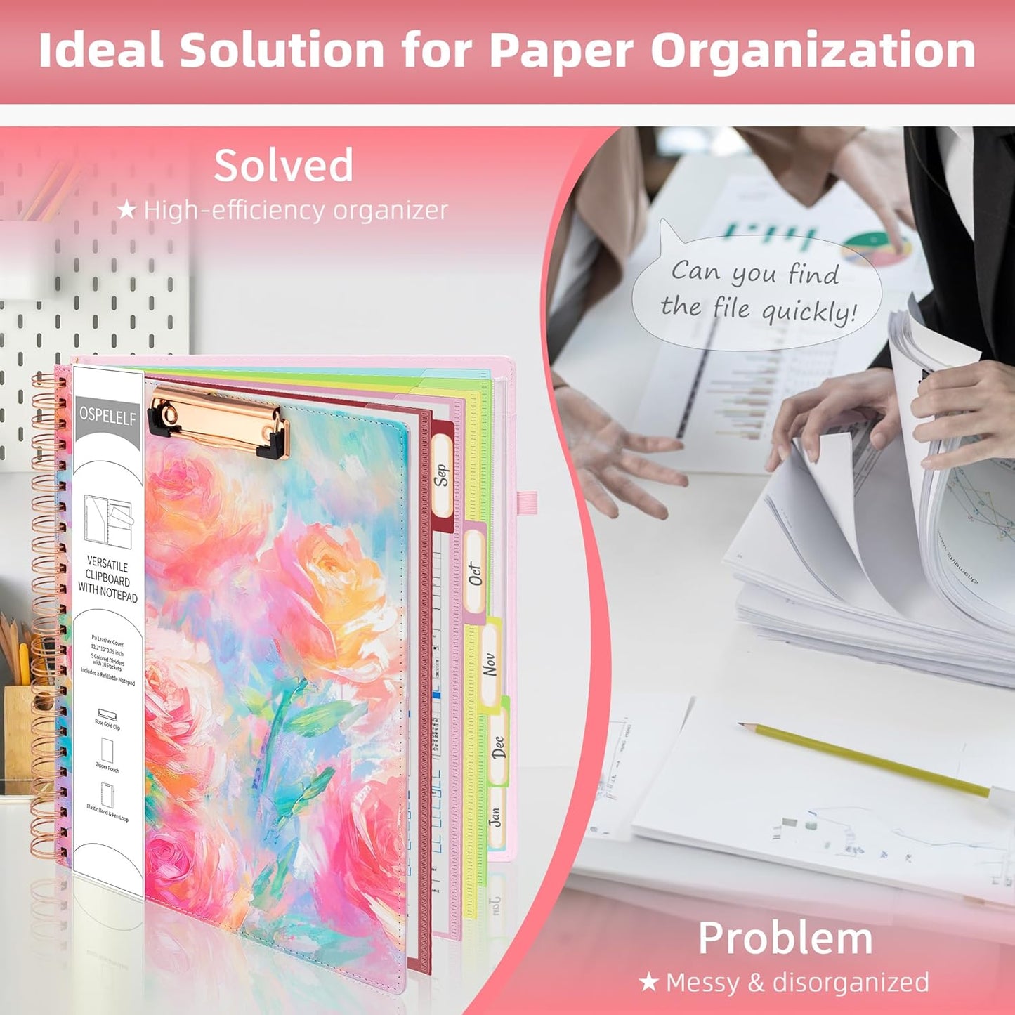Ospelelf Pink Foldable Spiral Clipboard Folio with with Storage Zipper Pouch, 5 Plastic Folders with 10 Pockets, Leather Clipboard Folder with Notepad, 39 Divider Label Stickers (Rose)