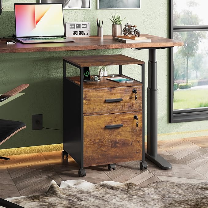 DEVAISE 2 Drawer File Cabinet with Lock and Charging Station, Wood Filing Cabinet fits A4 or Letter Size, Mobile Printer Stand with Open Storage Shelf for Home Office, Rustic Brown