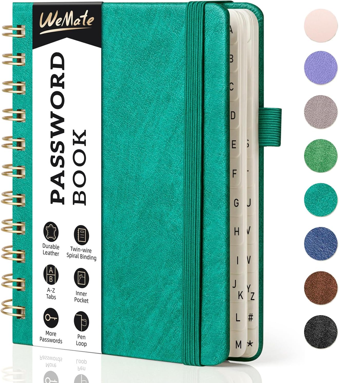 WEMATE Password Book with Alphabetical Tabs, Spiral Password Keeper Book for Seniors, Internet Password Notebook Password Journal Logbook Log in Detail, Small – 4.7''x 6'' (Teal)