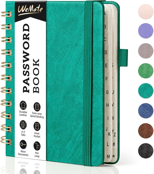 WEMATE Password Book with Alphabetical Tabs, Spiral Password Keeper Book for Seniors, Internet Password Notebook Password Journal Logbook Log in Detail, Small – 4.7''x 6'' (Teal)