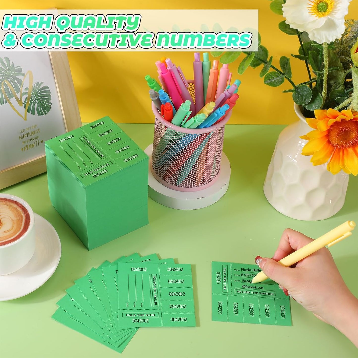 Kosiz 1000 Sheet 5 Bid Raffle Tickets Chinese Auction Tickets Sheets Auction Fundraiser Ticket Numbered with Name and Phone Number Per Sheet Raffle Tags for Silent Auction(Green)