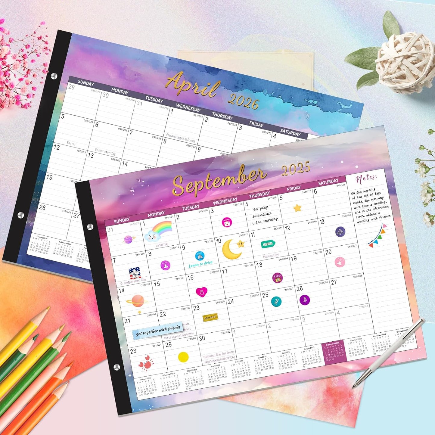 Gannyfer Desk Calendar 2025-2026, 18 Month Calendar July 2025 - Dec 2026, 22" x 17" Large Monthly Desktop Calendar with Notes, Daily Blocks, Thick Paper, Corner Protectors - Colorful Waterink (6 Stickers Included)