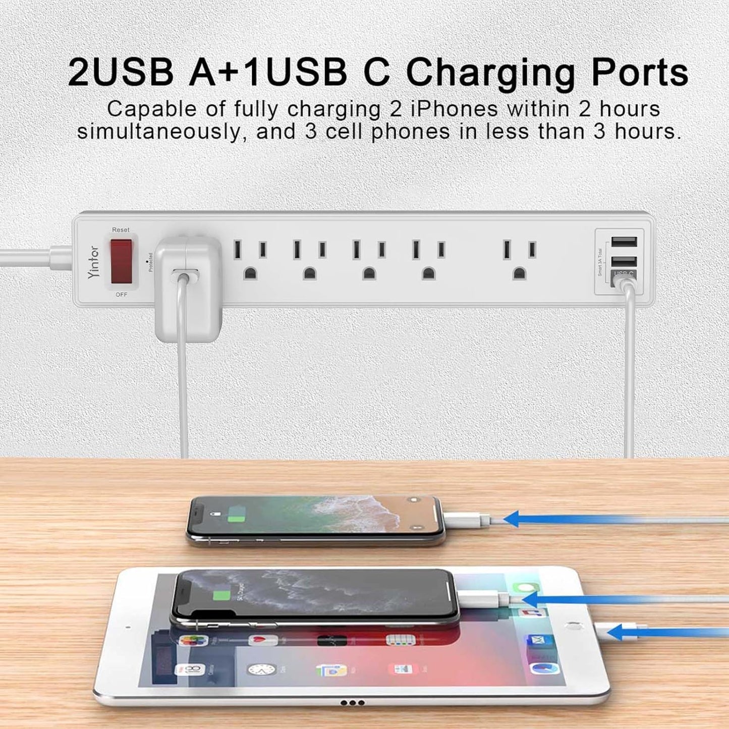 6 Ft Power Strip Surge Protector - Yintar Extension Cord with 6 AC Outlets and 3 USB Ports for Home, Office, Dorm Essentials, 1680 Joules, ETL Listed, White