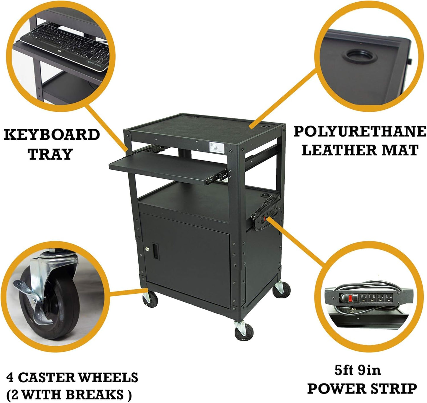 Height Adjustable Steel Frame AV Cart with Keyboard Tray - Comes with Locking Cabinet and 5ft 9in Power Strip Black