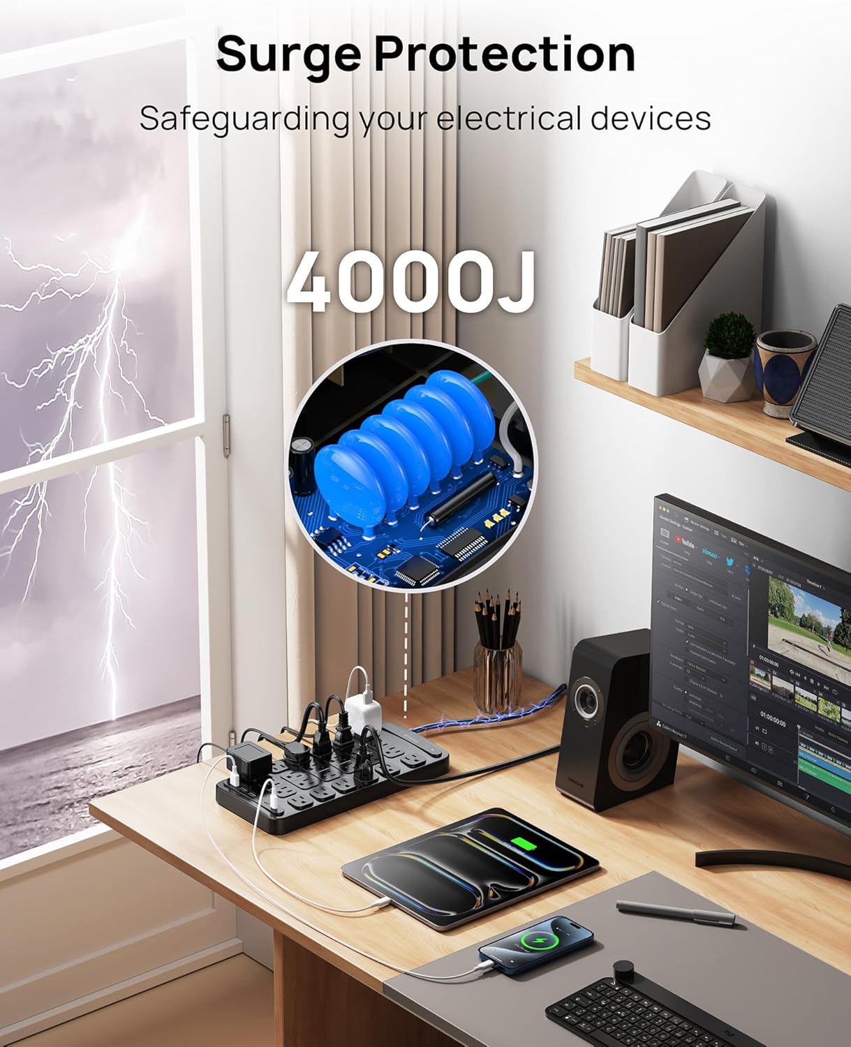 TROND Surge Protector Power Strip, 360° Rotating Flat Plug, 24 AC Outlets, 6 USB Ports Total 37W, 4000 Joules, ETL Listed, 10ft Heavy Duty Extension Cord 1875W for Gaming Dorm Room Essentials Black