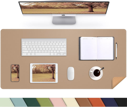 AFIING Leather Desk pad Protector, Large Desk mat with Natural Cork & PU Leather,Mouse pad,Non-Slip Office Desk Mat,Waterproof Desk Writing Pad for Office and Home (35.4in*17in,Dark Apricot)