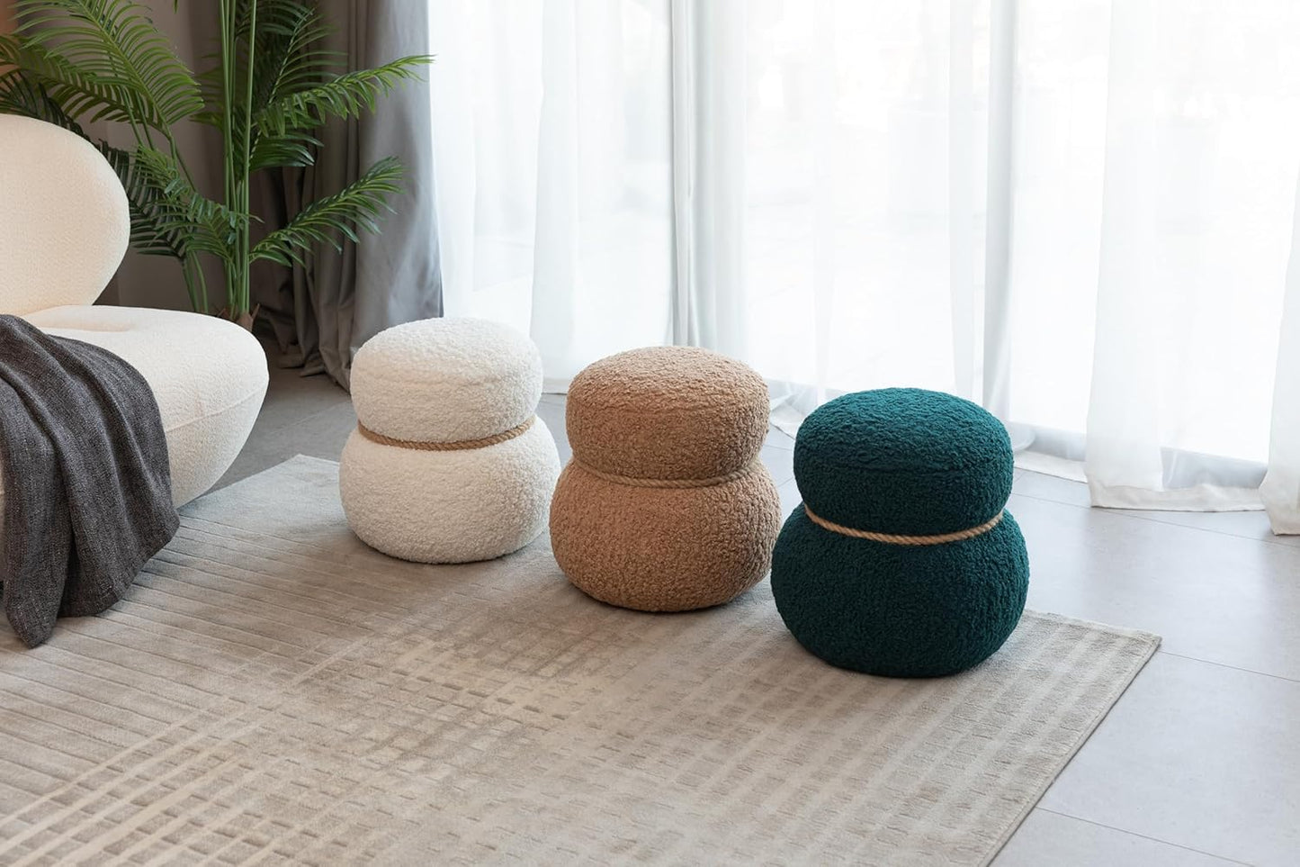 MEETAKING Small Round Foot Stool, Teddy Fabric Footrest Ottoman Stool with Non-Skid Legs, Modern Footstools Step for Couch, Desk, Office, Living Room (Green)