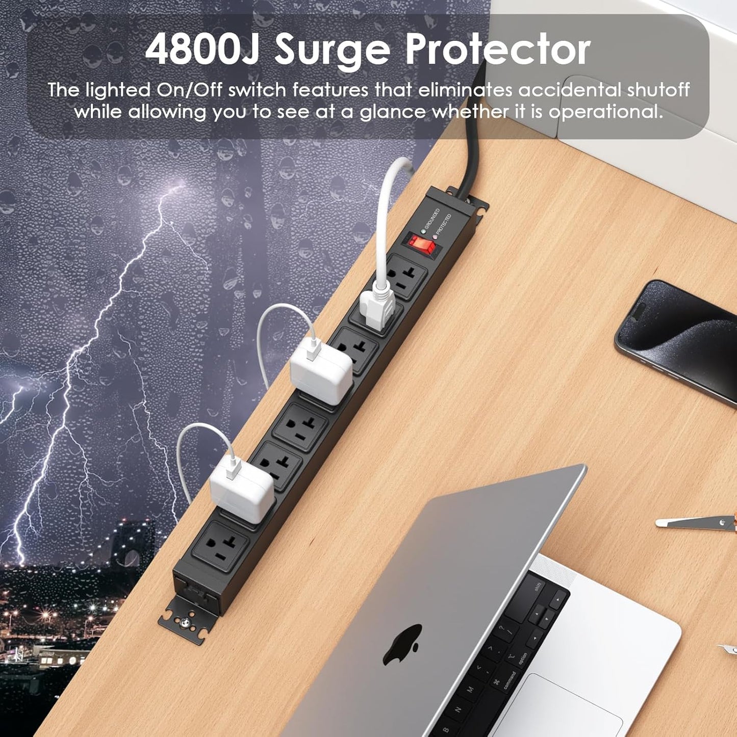 JUNNUJ 20 Amp Power Strip Heavy Duty 2 Pack, 4800J Surge Protector Metal Power Bar Multi Angle Mount, 20A Garage 8 Outlet Shop 6-20R T-Slot, 5-15P Adapter 12 Gauge Extension Cord 10ft for Appliance
