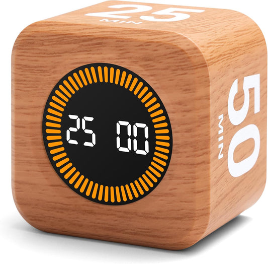 Rotating Productivity Timer 5, 25, 10, 50 Minutes Preset, Desk Cube w/Gravity Sensor for ADHD, Mute Functions, Ideal for Work, Study, Kitchen, Back to School (1, Wood Grain Finish)