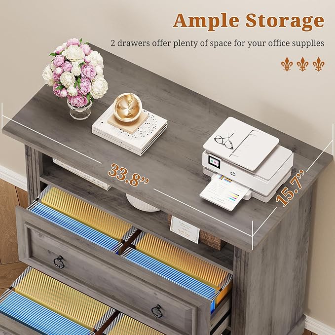 Itaar 2 Drawer File Cabinet, Farmhouse Filing Cabinet for Home Office Fits Letter, Legal, A4 Size, Wood Lateral File Cabinet with Printer Stand, Storage Shelf, Grey