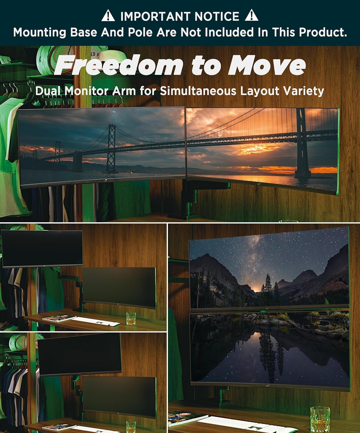 Heavy Duty Extension Arm [Accessory Only - Requires MA20P-S Single Monitor Arm for Use] Dual 49" Vertical Stacked Monitor Mount Height Adjustable - 100x100 VESA Mount, Black, MA20P-A