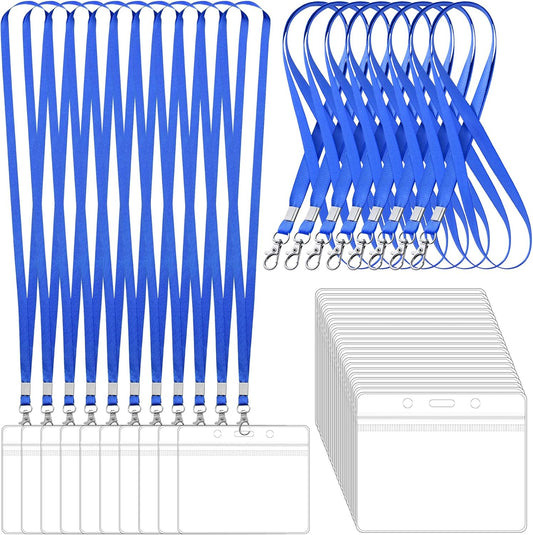 100 Pack Lanyards for ID Badges with Clear Name Tags, Reusable Lanyards Horizontal ID Card Badge Holders Plastic Name Badges for Men Women Kids Business School and Office Supplies (Blue)