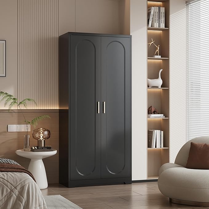 Metal Armoire Wardrobe Closet with Hanging Rod, 71" Tall Wardrobe Cabinet for Clothes, Black Clothing Storage Cabinet with Doors and Shelves, Large Wardrobes for Bedroom-Assemble Required