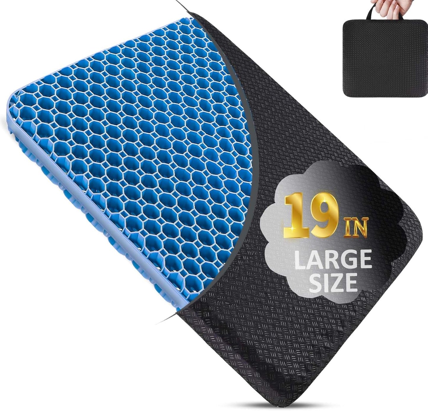 Seat Cushion, Gel Seat Cushion for Long Sitting– Back, Sciatica, Tailbone Pain Relief Pad, 19in Seat Pad for Car, Office Chair, Wheelchair, Soft Support for Long Trips