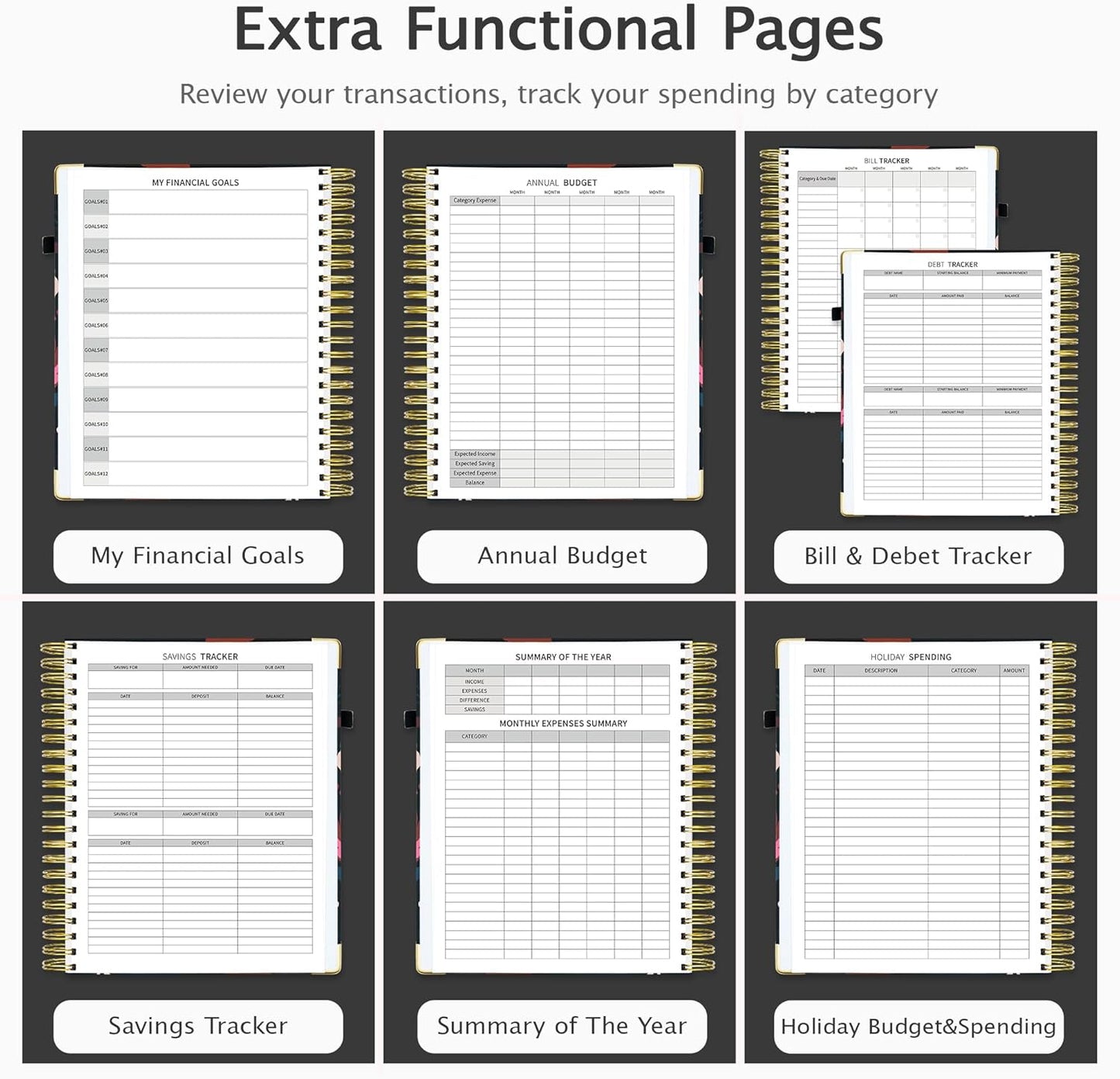 Ospelelf Undated Budget Planner with Expense Tracker and Bill Organizer Large Spiral Bound Monthly Account Planners to Take Control of Your Money 12 Months Black Floral