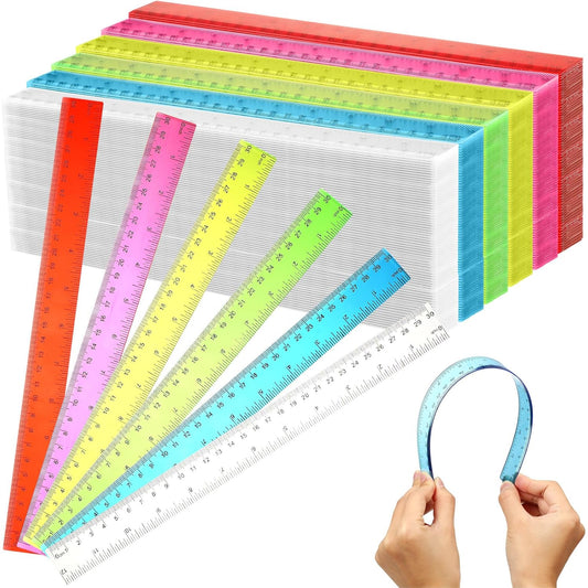 Fumete 300 Pack 12 Inch Plastic Rulers Bulk for Classroom Back to School Supplies Flexible Transparent Assorted Color Ruler with Centimeters and Inches for Office Teacher Student