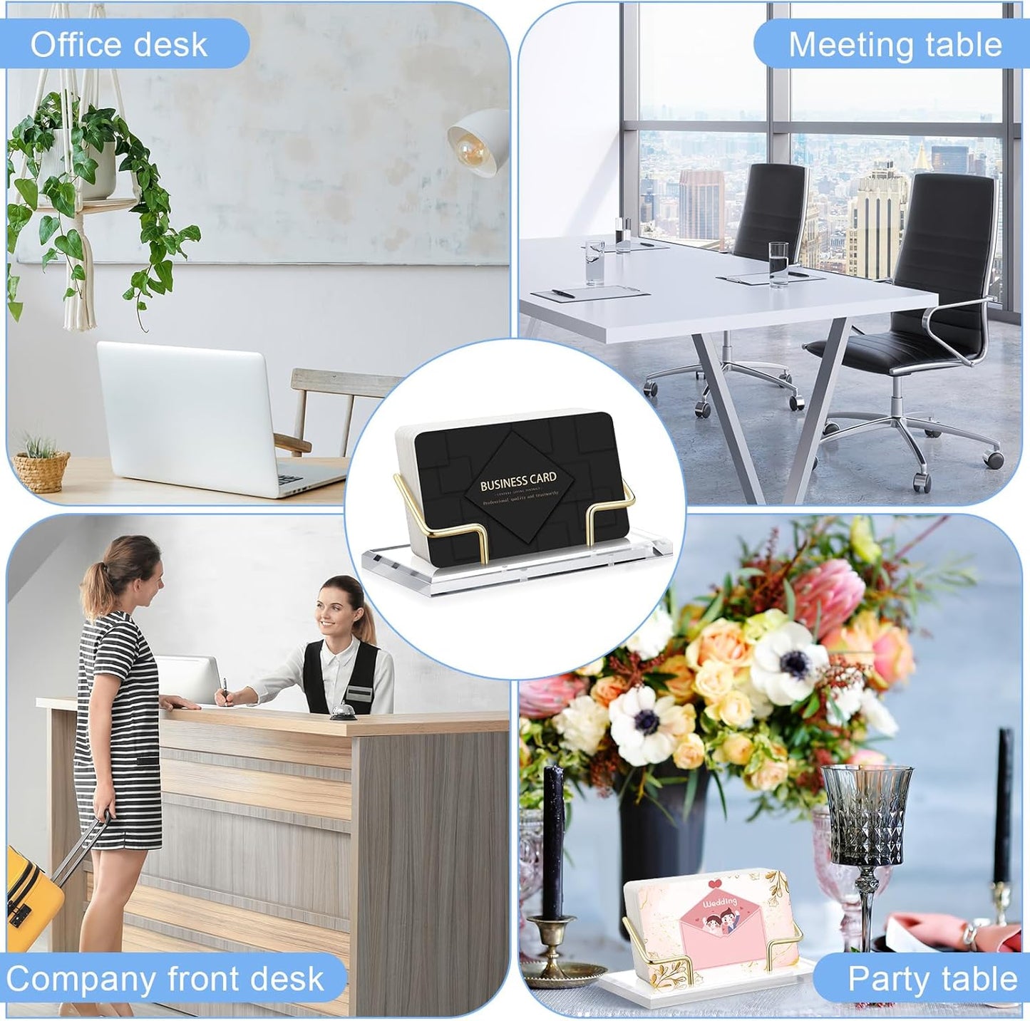 Amyhill 2 Pieces Acrylic Business Card Holder for Desk Clear Horizontal Business Card Display Stand Postcard Holder for Office Home Desktop (Gold)