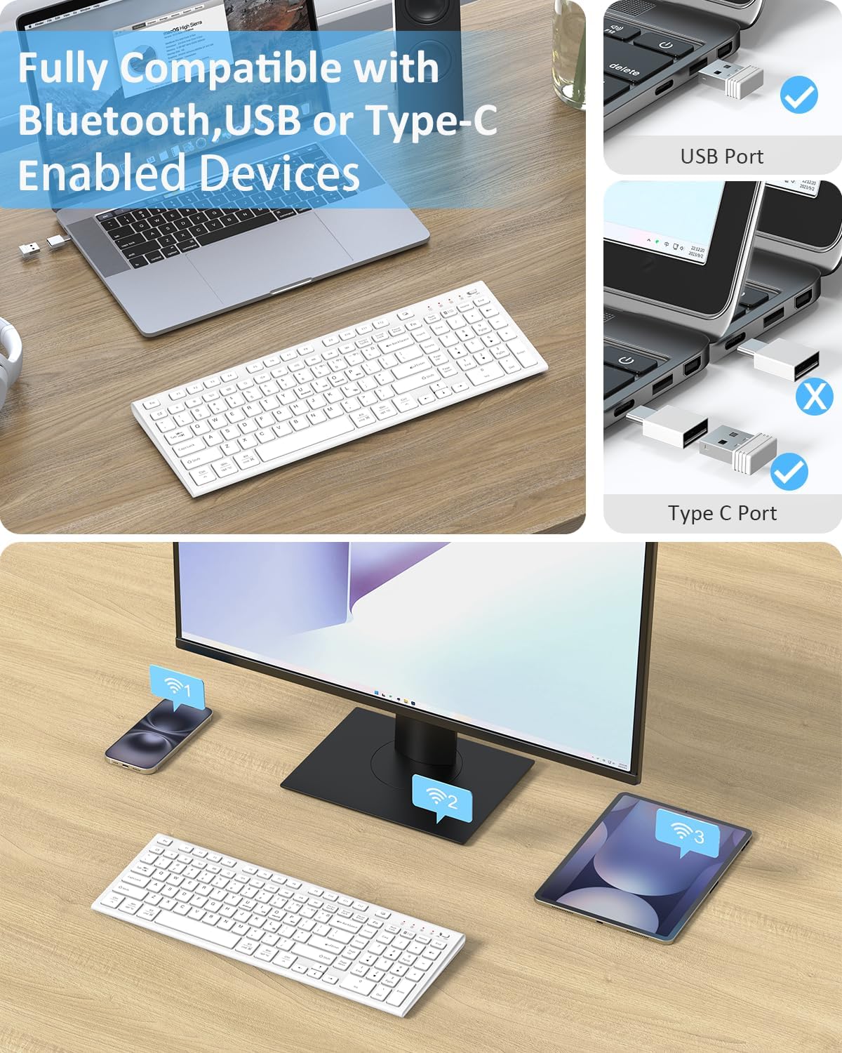 FENIFOX Wireless Keyboard, Bluetooth + USB Ergonomic Silent Quiet Rechargeable with Number Pad Compact Full Size Multi Device Keyboards for iPad Tablet Mac Computer Surface PC MacBook Laptop White