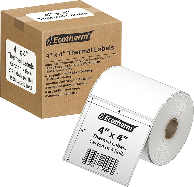 4" x 4" Thermal Labels | 4 Rolls | 1508 Labels | fits Zebra, Munbyn, Rollo, Godex, Arkscan, iDPRT, Offnova Thermal Label Printers and More | Blank White Adhesive Stickers by Ecotherm