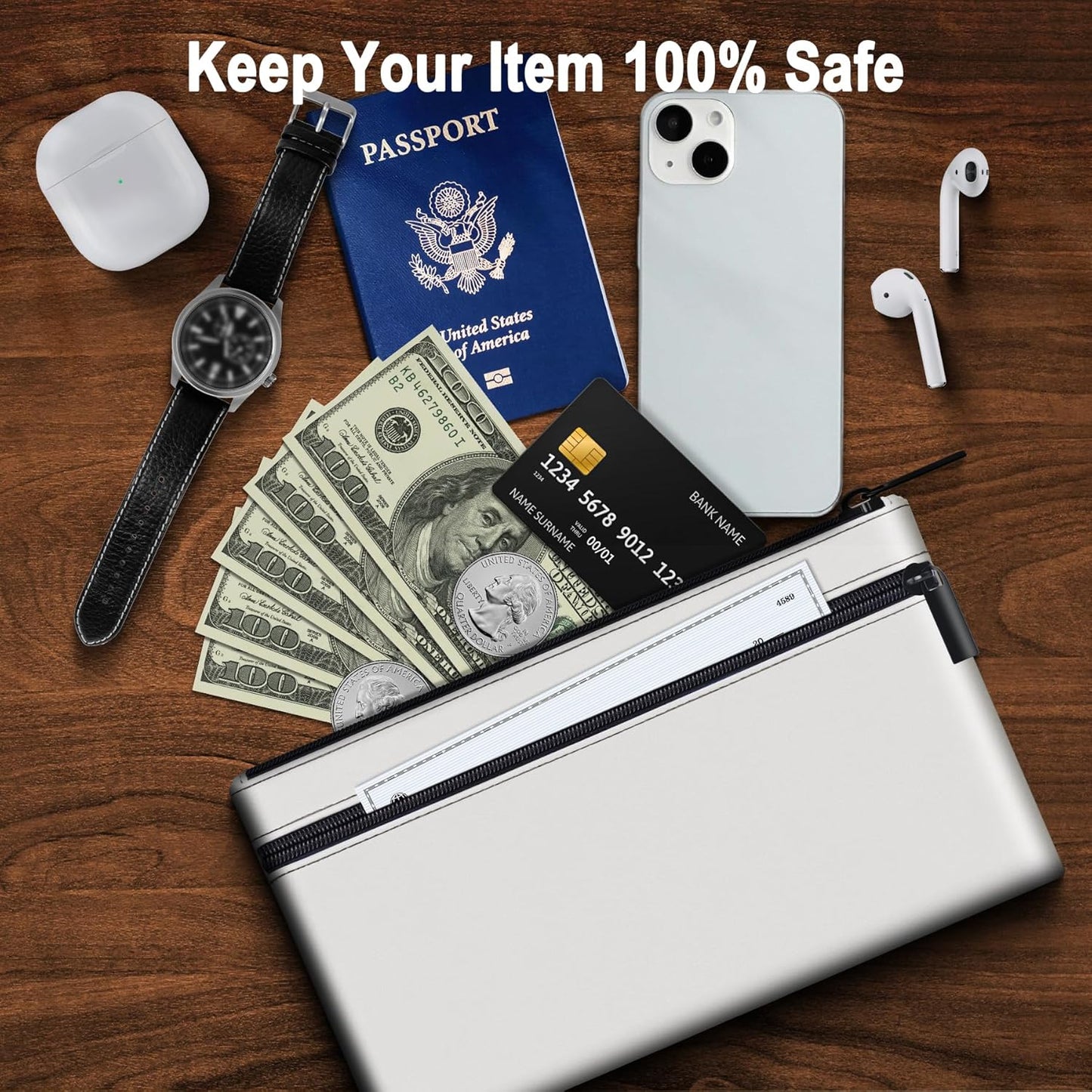 HAUTOCO Money Bag with Zipper 11x6.1 inch Money Pouch with Lined PU Leather Bank Bag Two Pockets Utility Wallet for Cash Check Receipt Coins Cosmetics, White