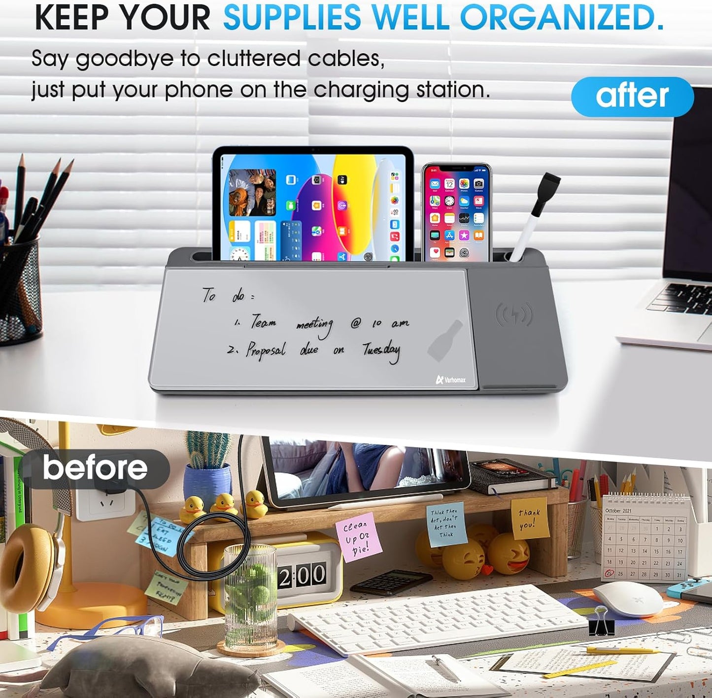 Varhomax Glass Desk Whiteboard with Wireless Charger, Desktop Dry Erase White Board with Storage, to Do List Memo Notepad for Home and Office (Gray)