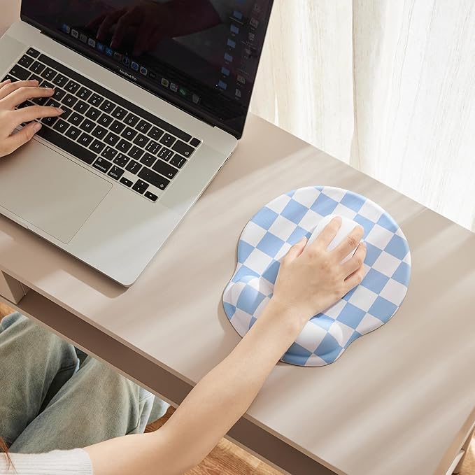 Blue Checkered Mouse Pad with Gel Wrist Rest, Wrist Support, Ergonomic Desk Accessories for Women, Office Laptop Gaming Decor, Cute Aesthetic Trendy Check Design