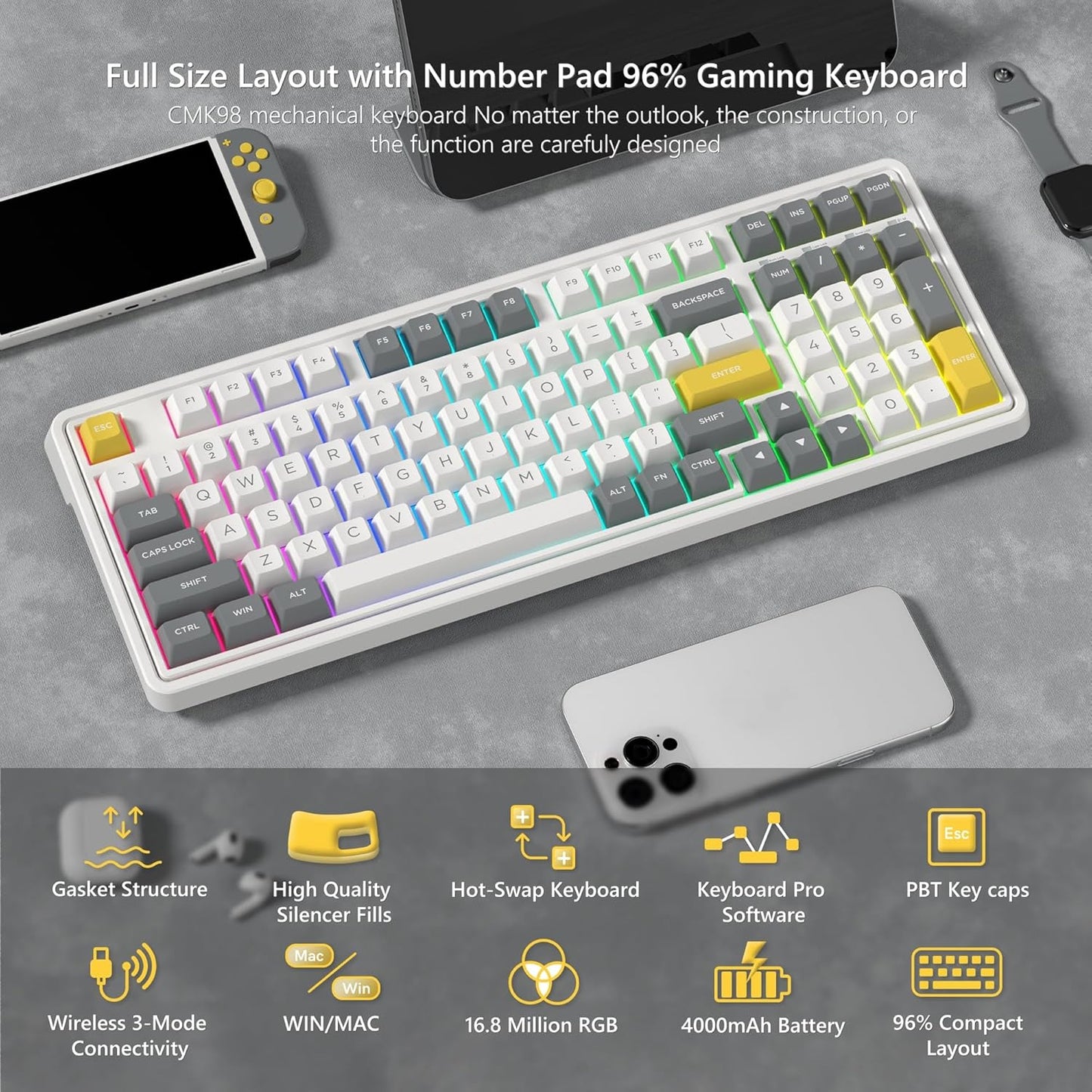 CMK98 Wireless Mechanical Keyboard with Number Pad,Tri-Mode Hot Swappable 99 Key Custom Gaming Keyboard, Linear Switches Gasket Creamy Keyboard RGB for Win/MAC (Grey)