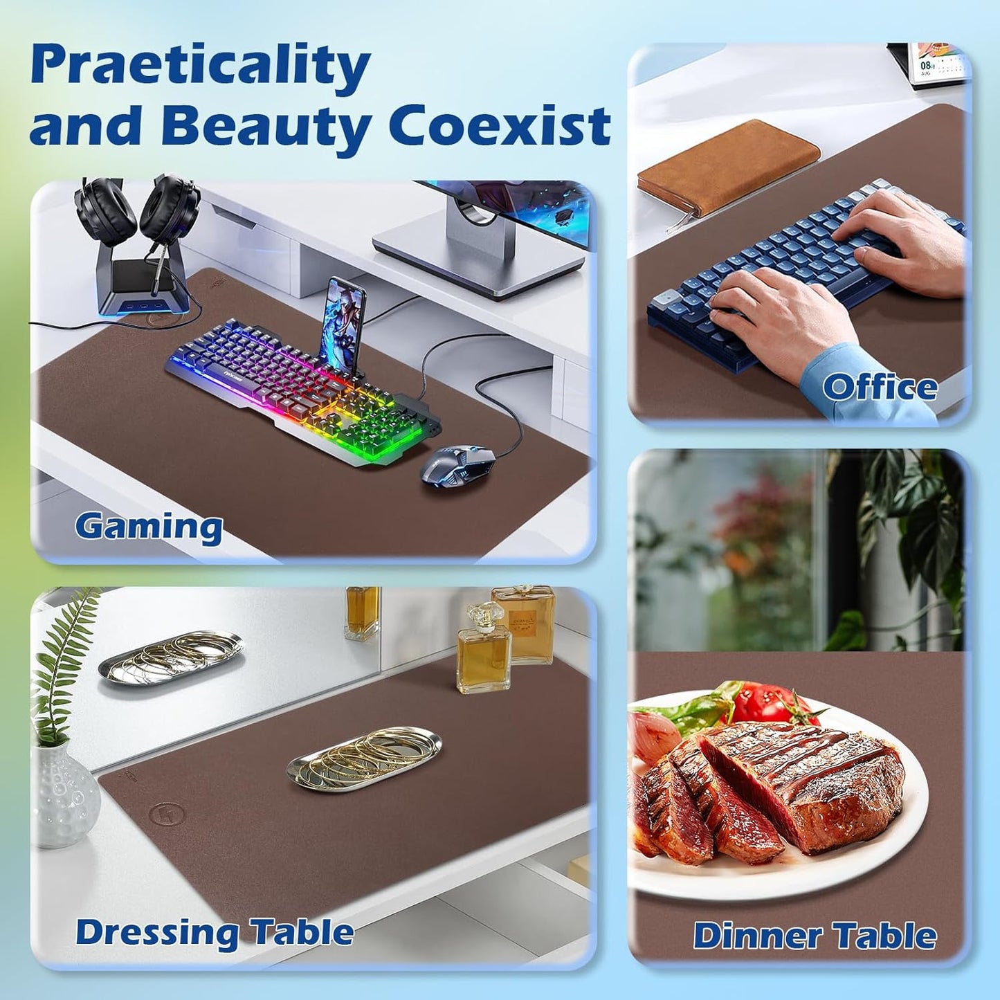 Wireless Charging Desk Mat with Desk Pad for Desktop Charging Large Mouse Pad Waterproof Leather Computer Mat Mouse Pad Non-Slip Protector on Top of Desks for Keyboard and Mouse (brown-l, 32*16inch)