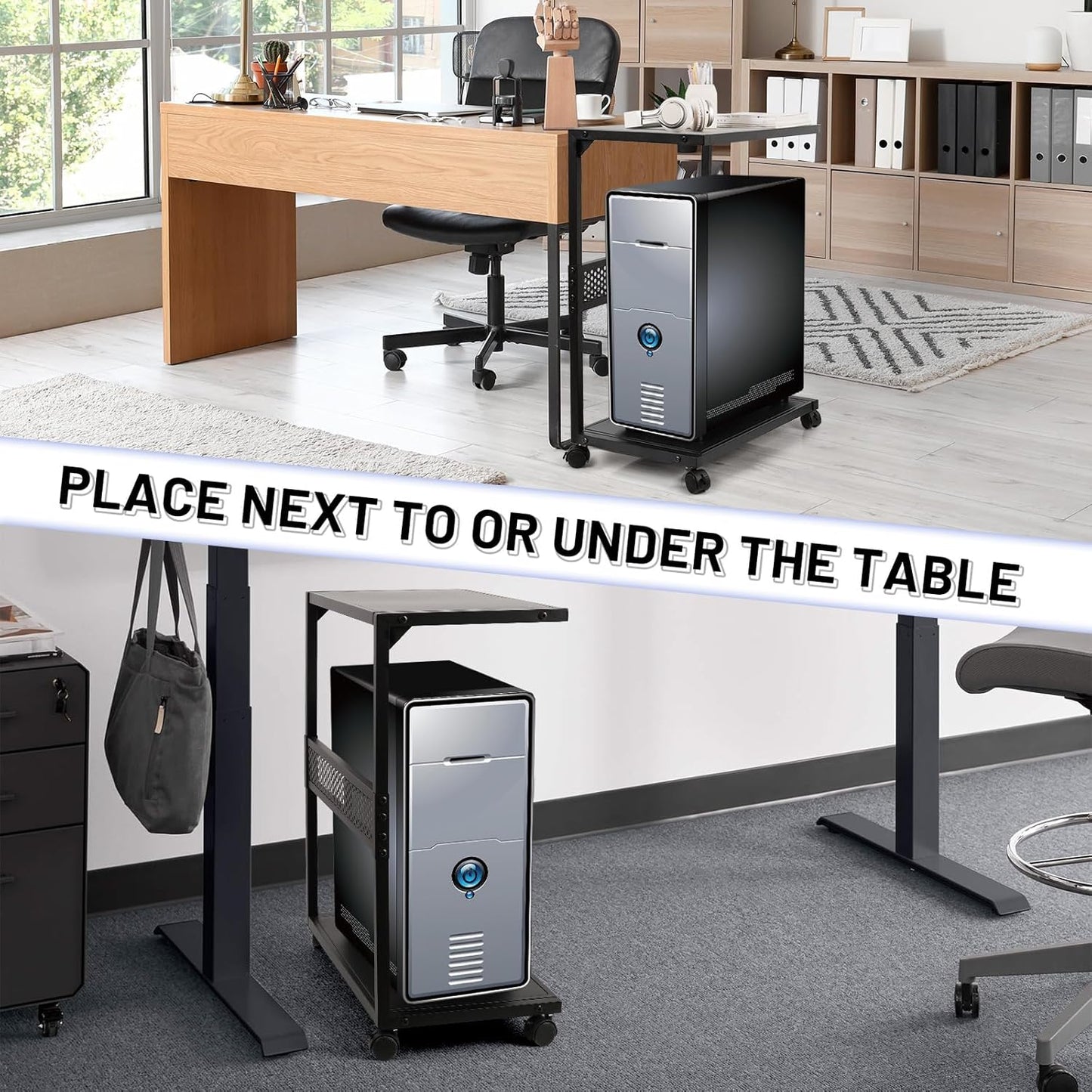 Large PC Stand Computer Tower Stand 2-Tier Metal CPU Holder with Locking Caster Wheels Suitable for Most PC (Black,XL)