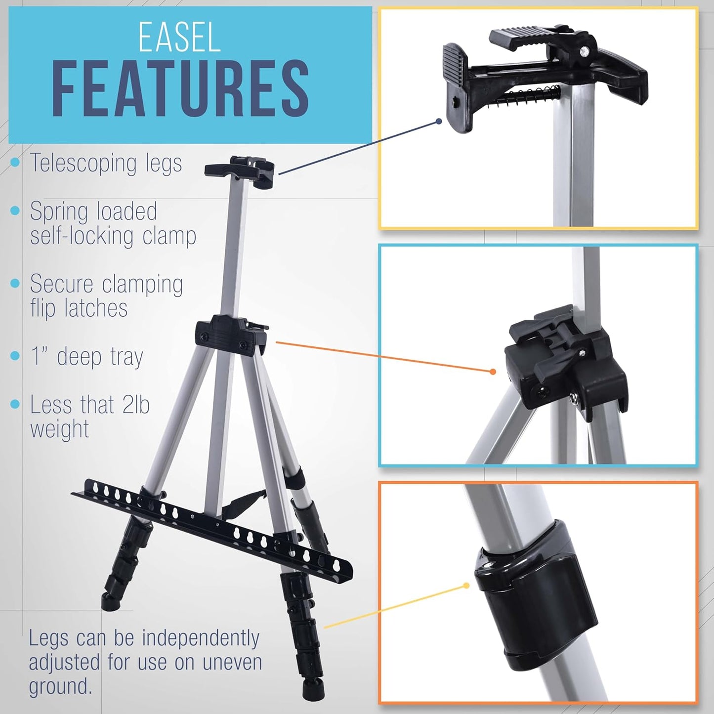 U.S. Art Supply 66" Silver Metal Tripod Easel Display (4 Pack) - Adjustable 18"- 5.5', Holds 36" Canvas - Floor/Tabletop Easel Stand, for Sign Display, Painting, Poster Board, Canvas - Portable Bag